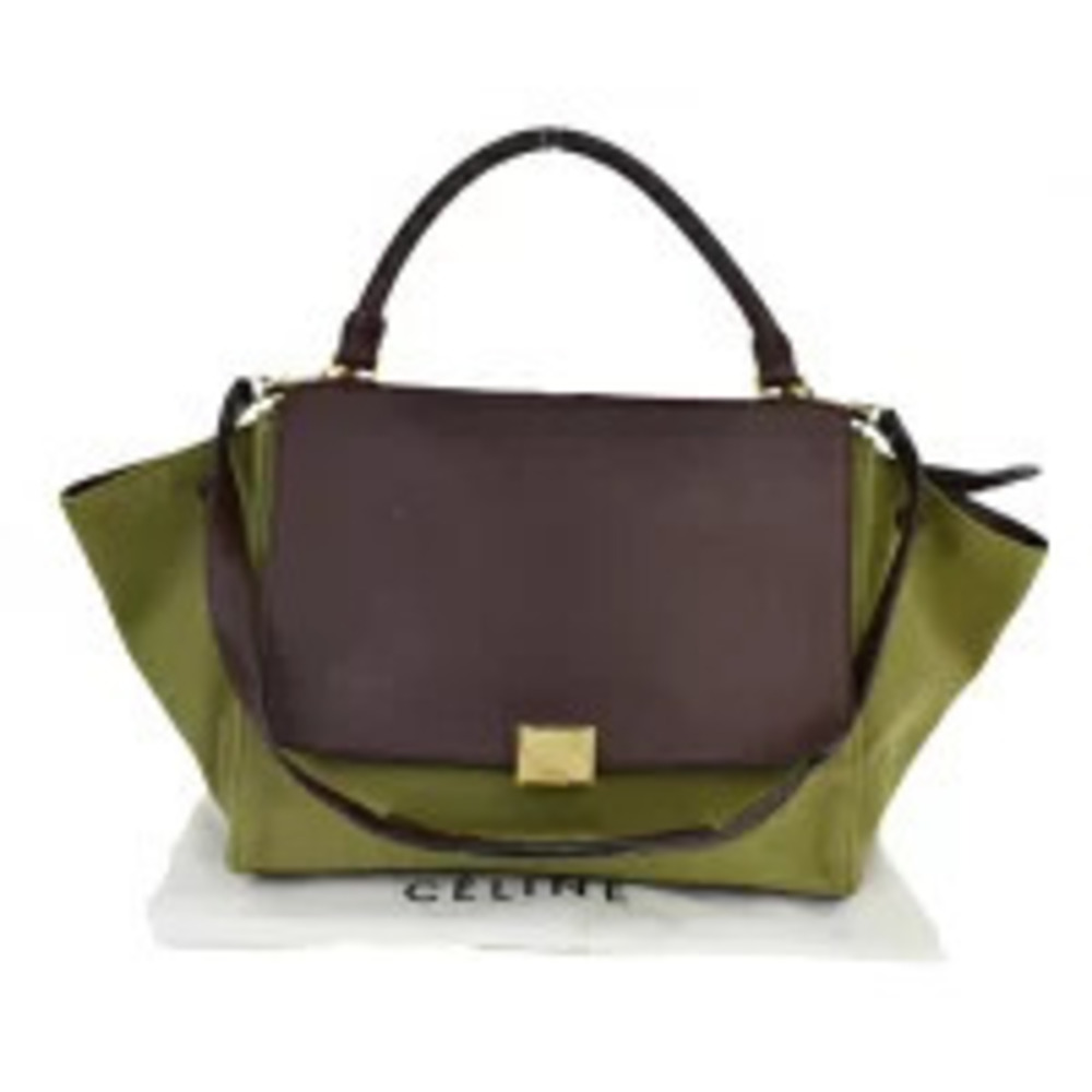 Celine Trapeze Handbag Shoulder Bag Brown Green Leather Canvas